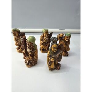Vintage Action Italy Seven Lucky Gods Figurines Set of 5 Faux Resin Carvings